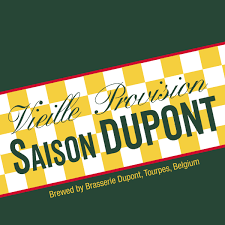 Green background, "Vielle Provision Saison Dupont" on a yellow and white checkerboard background