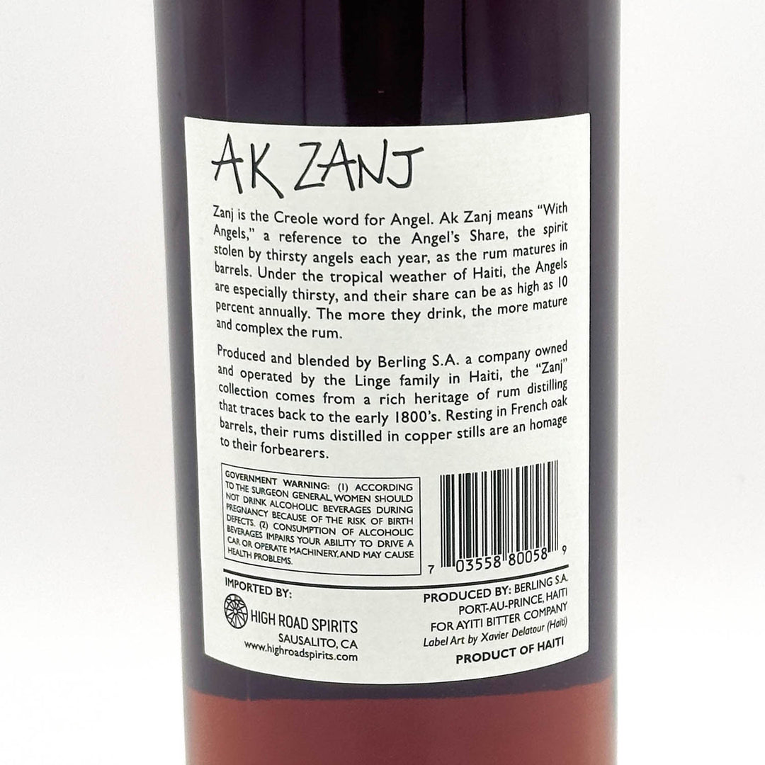 Back label of a bottle with 'Ak Zani' branding and text.