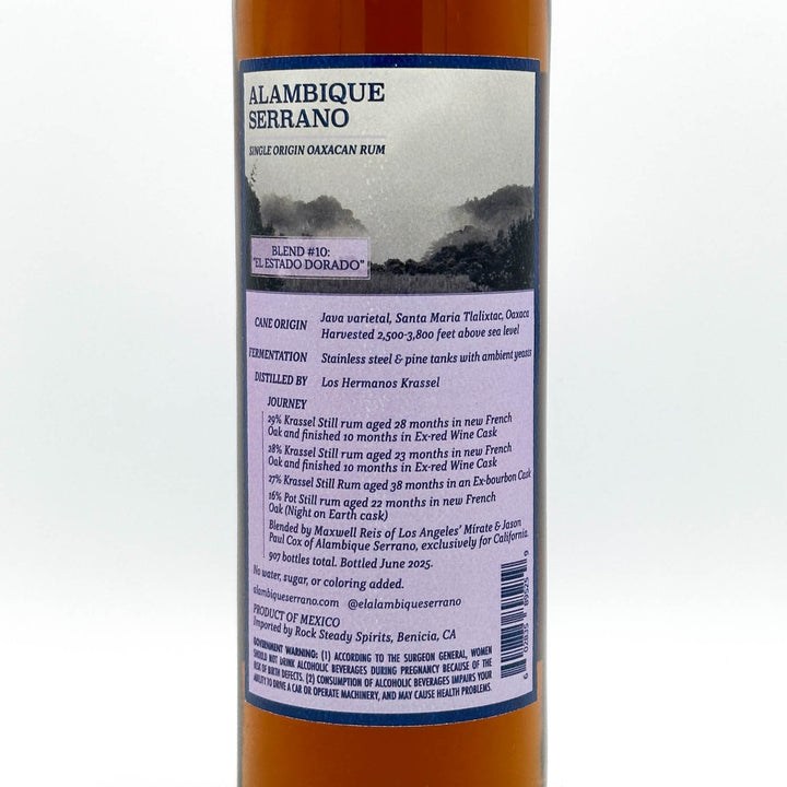 Alambique Serrano rum bottle label on a white background