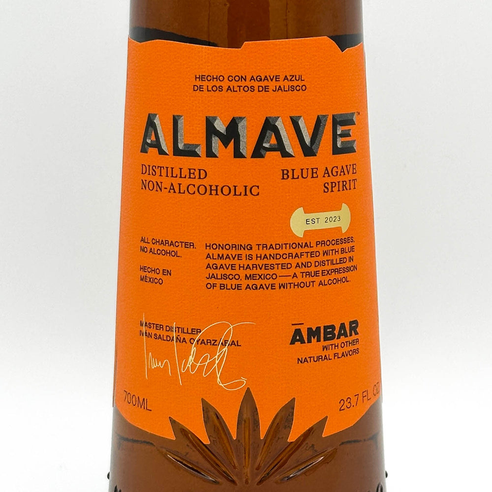 Almave Blue Agave Spirit bottle with orange label on a white background