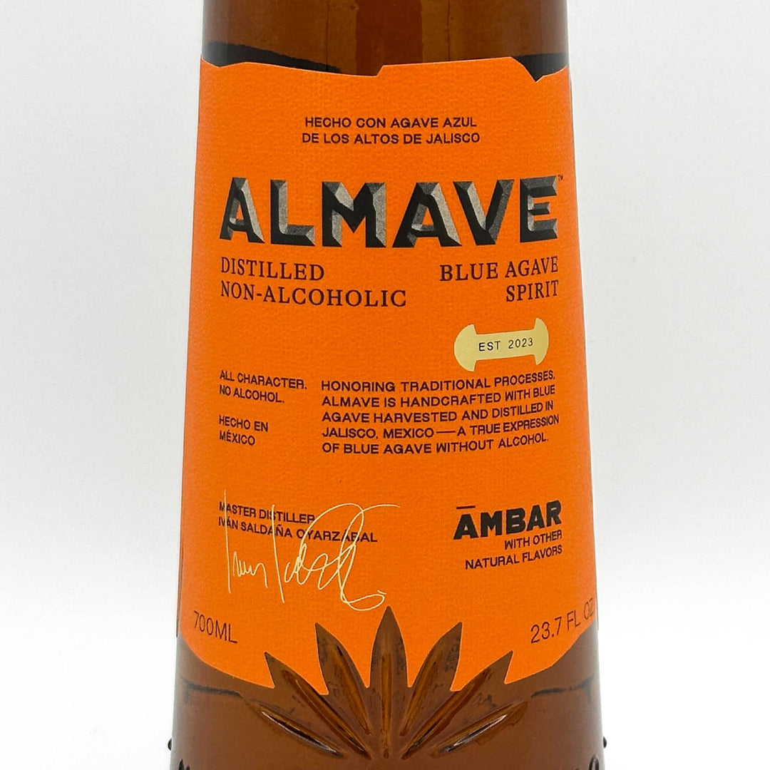 Almave Blue Agave Spirit bottle with orange label on a white background