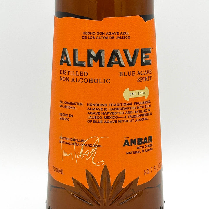 Almave Blue Agave Spirit bottle with orange label on a white background