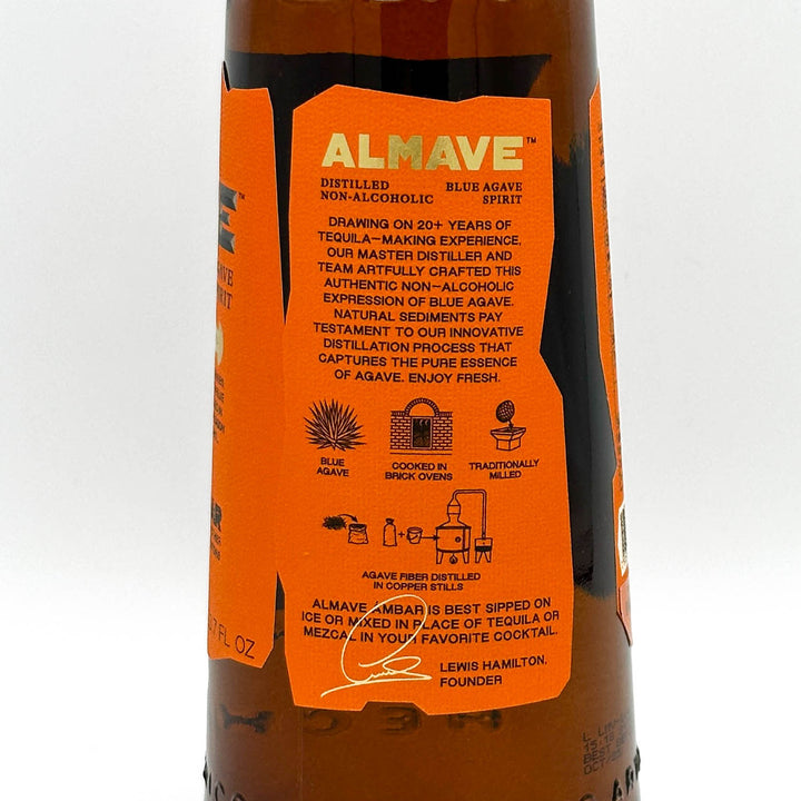 Almave tequila bottle with an orange label on a white background