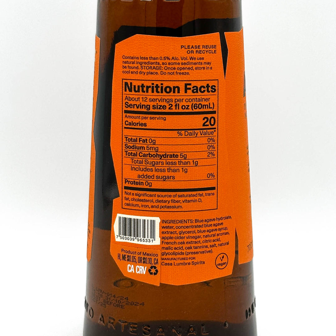 Nutrition facts label on a bottle with an orange label
