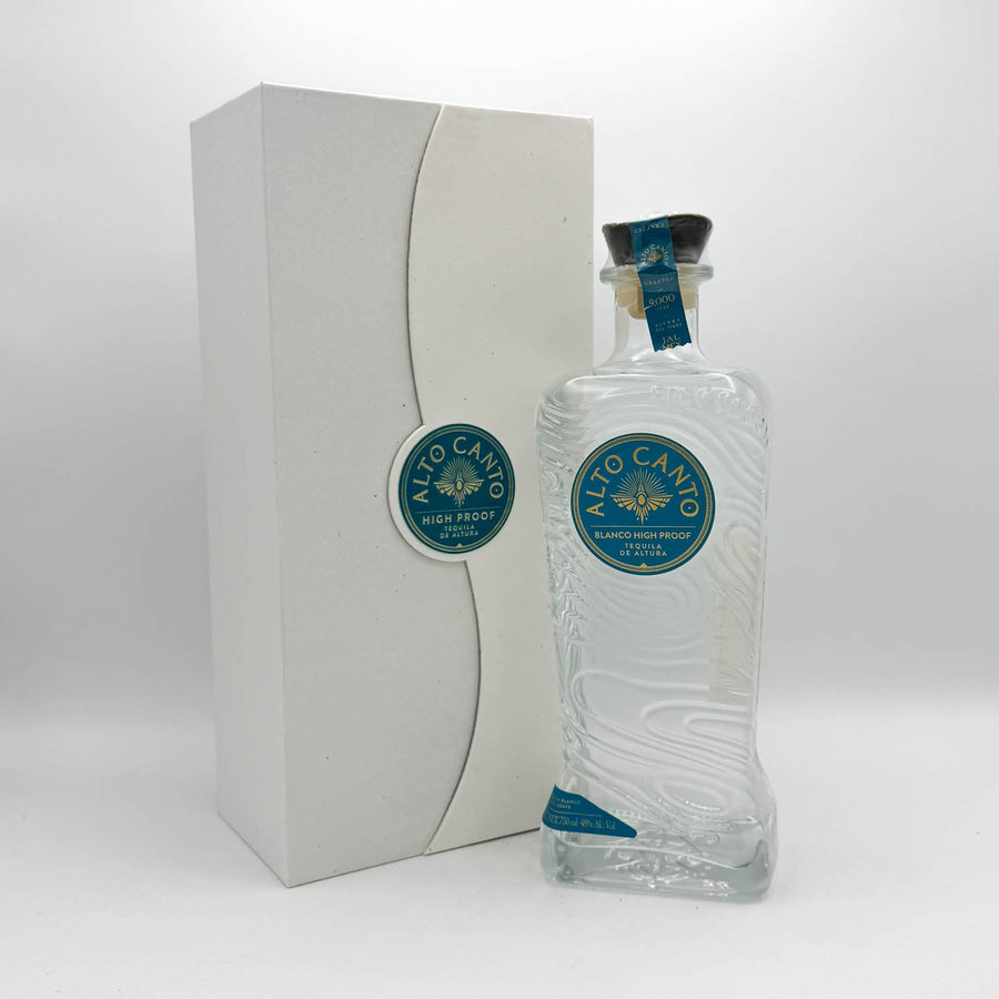 Alto Canto blanco tequila bottle with packaging on a white background