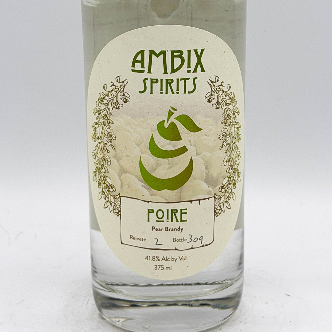Bottle of Ambix Spirits Poire Pear Brandy on a white background