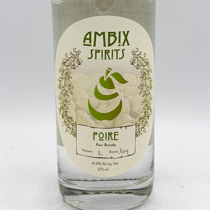 Bottle of Ambix Spirits Poire Pear Brandy on a white background