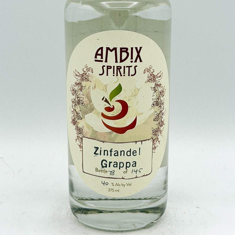 Bottle of Ambix Spirits Zinfandel Grappa on a white background