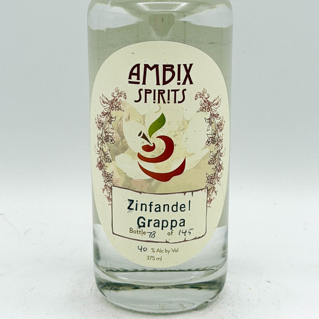 Bottle of Ambix Spirits Zinfandel Grappa on a white background