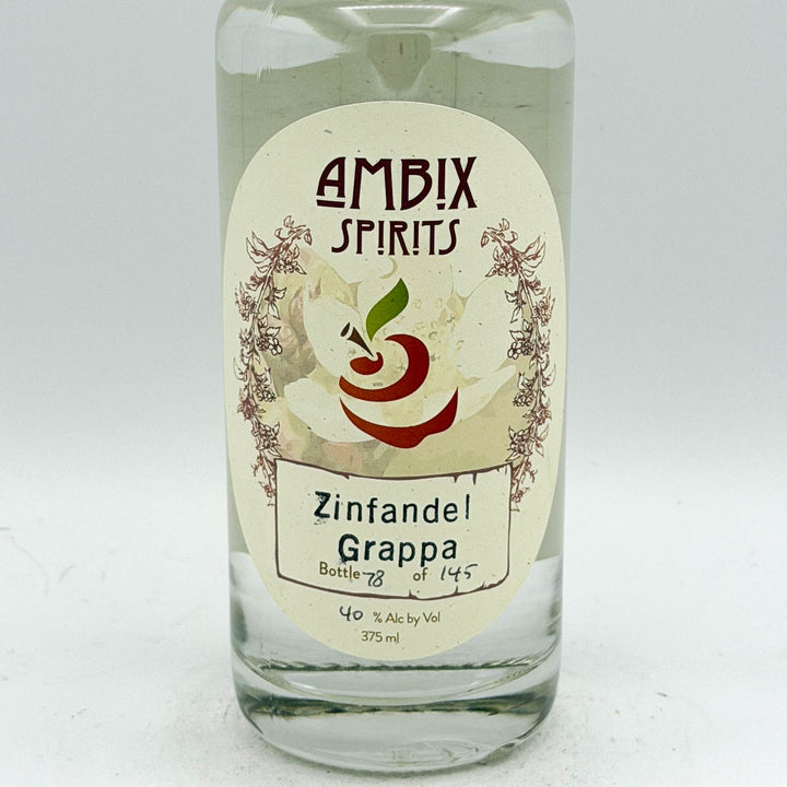Bottle of Ambix Spirits Zinfandel Grappa on a white background