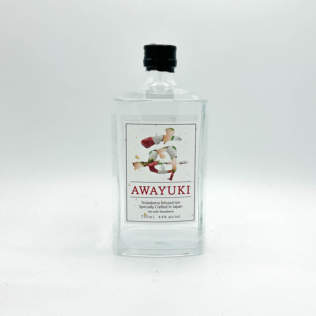 A clear glass bottle of Awayuki Gin with a black cap and a vintage-style label featuring an illustration of a man riding a horse, set against a plain light gray background.
