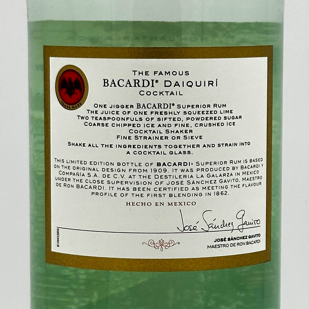 Bacardi Daiquiri cocktail label on a bottle with green liquid.