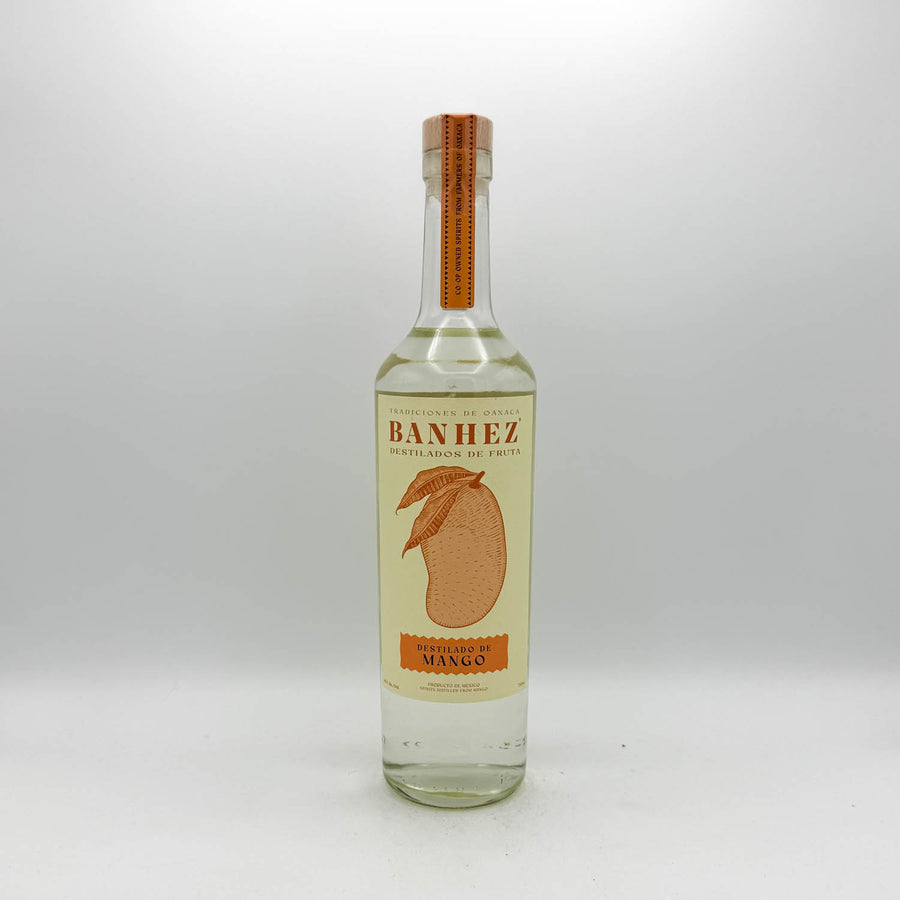 Banhez mango liqueur bottle on a white background