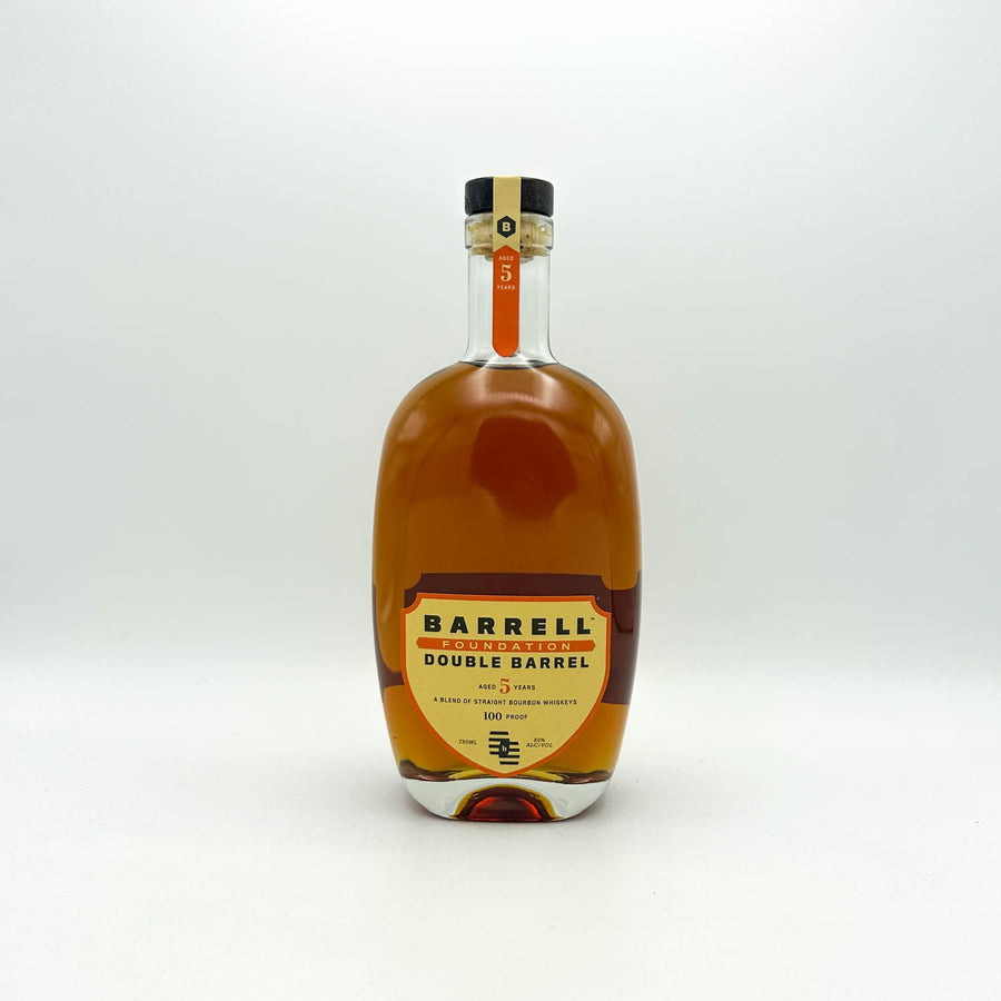 Barrell Double Barrel whiskey bottle on a white background