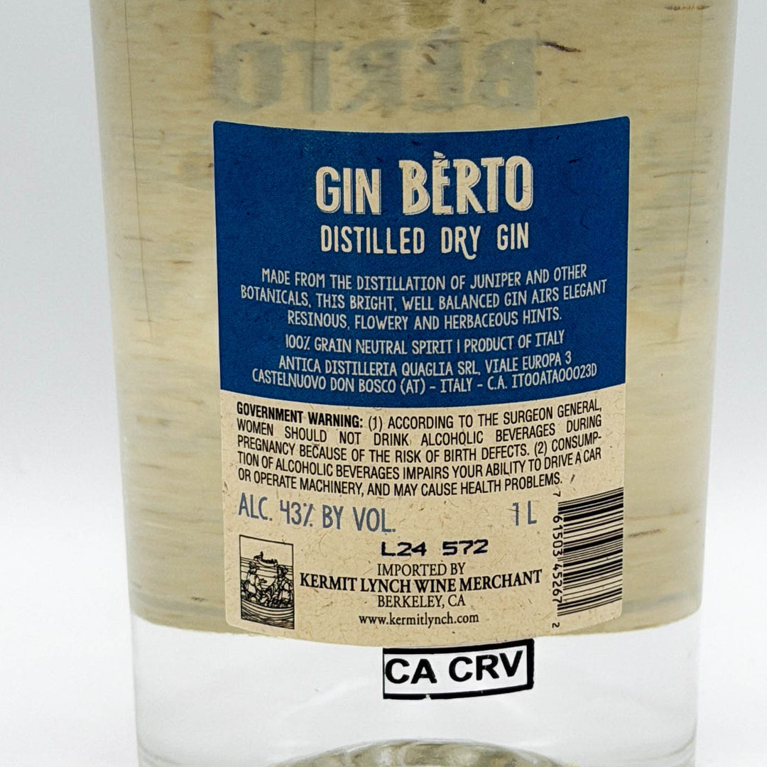 Bottle of Gin Berto with a blue label on a white background