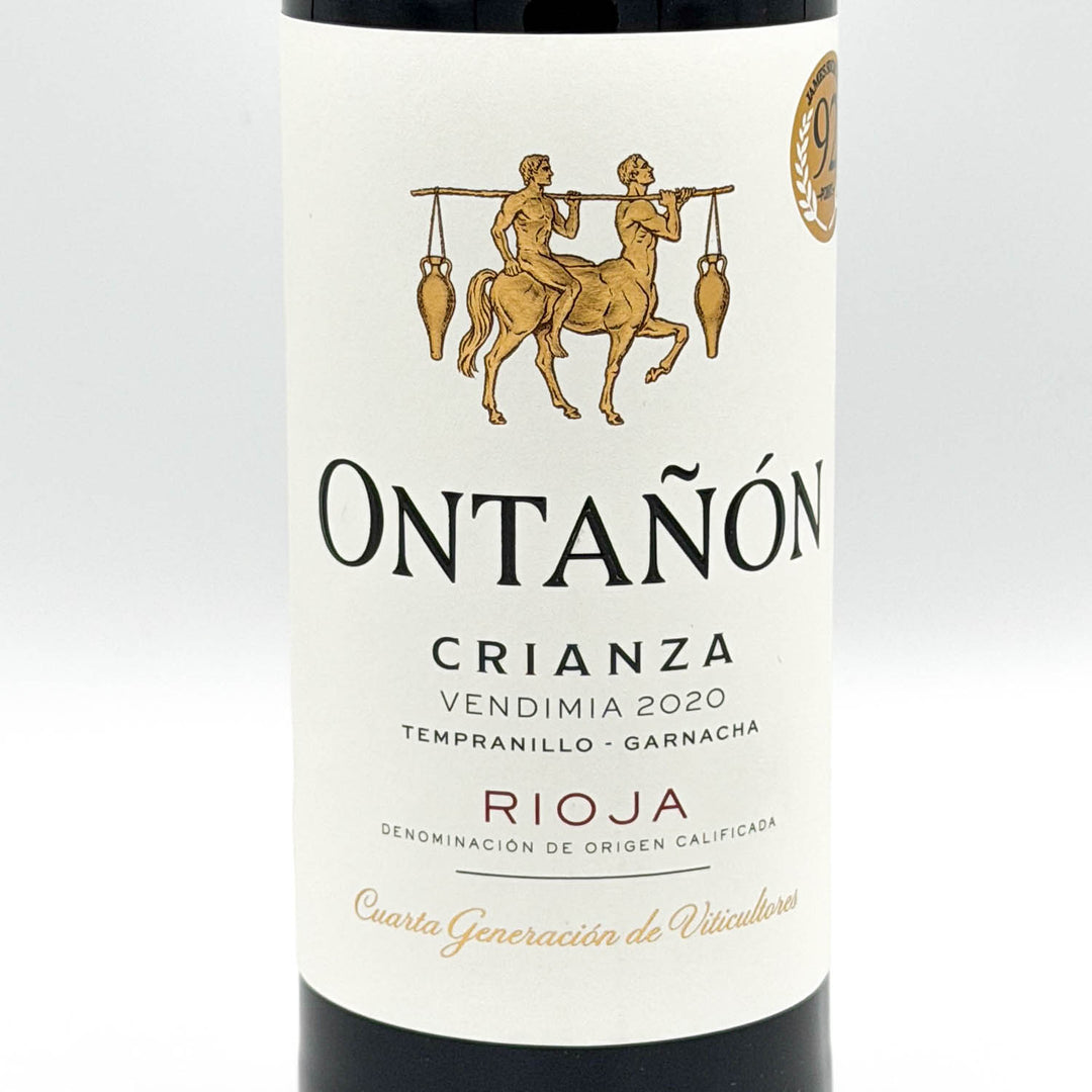 A bottle of Ontañon Crianza Rioja red wine, featuring a dark glass bottle with a white label and a dark red foil capsule at the neck, set against a plain light gray background.