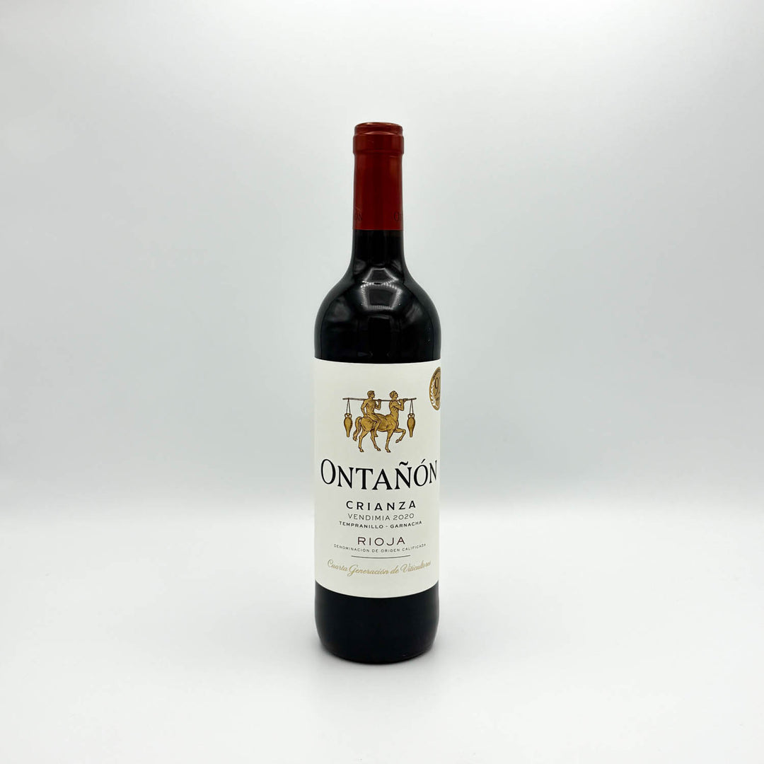 A bottle of Ontañon Crianza Rioja red wine, featuring a dark glass bottle with a white label and a dark red foil capsule at the neck, set against a plain light gray background.