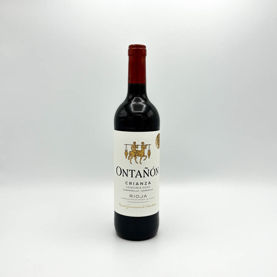 A bottle of Ontañon Crianza Rioja red wine, featuring a dark glass bottle with a white label and a dark red foil capsule at the neck, set against a plain light gray background.