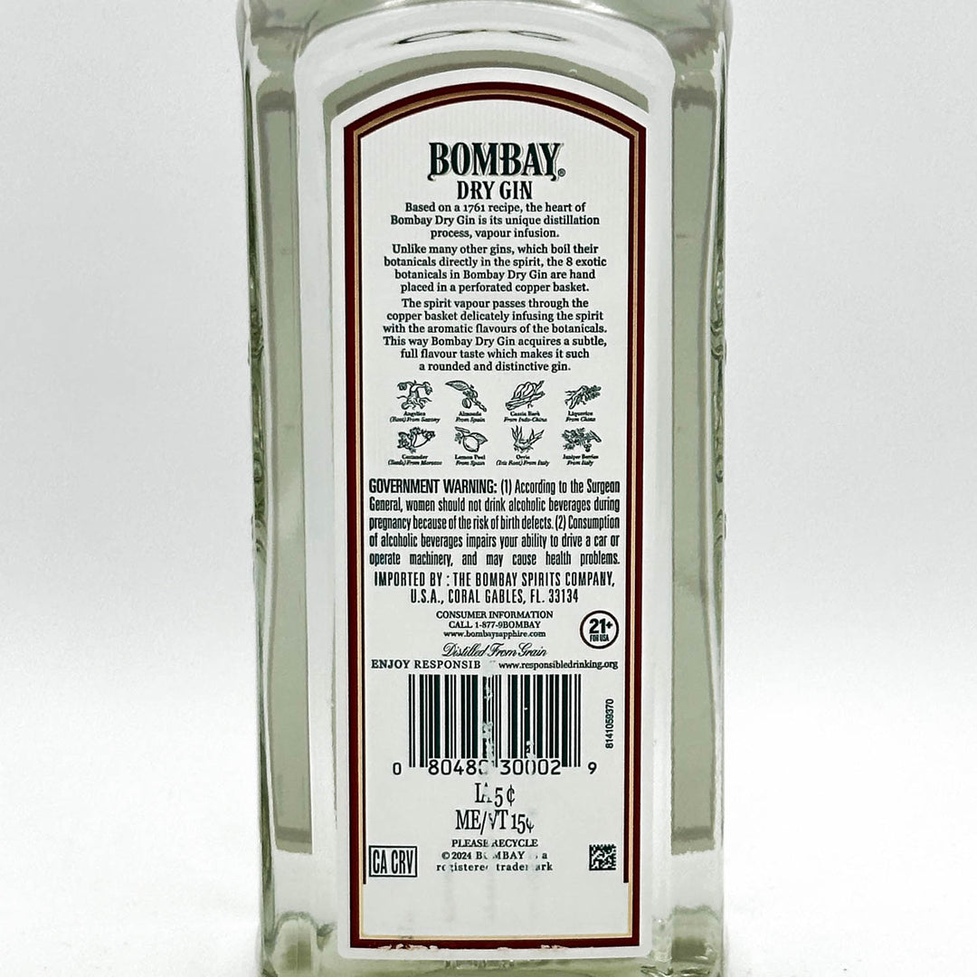 Back label of a Bombay Dry Gin bottle on a white background