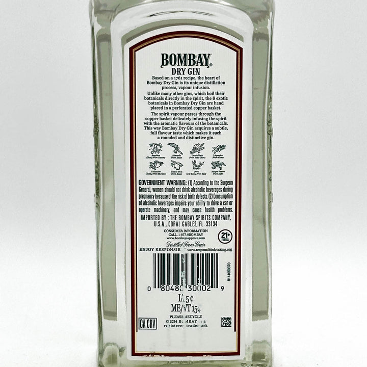 Back label of a Bombay Dry Gin bottle on a white background