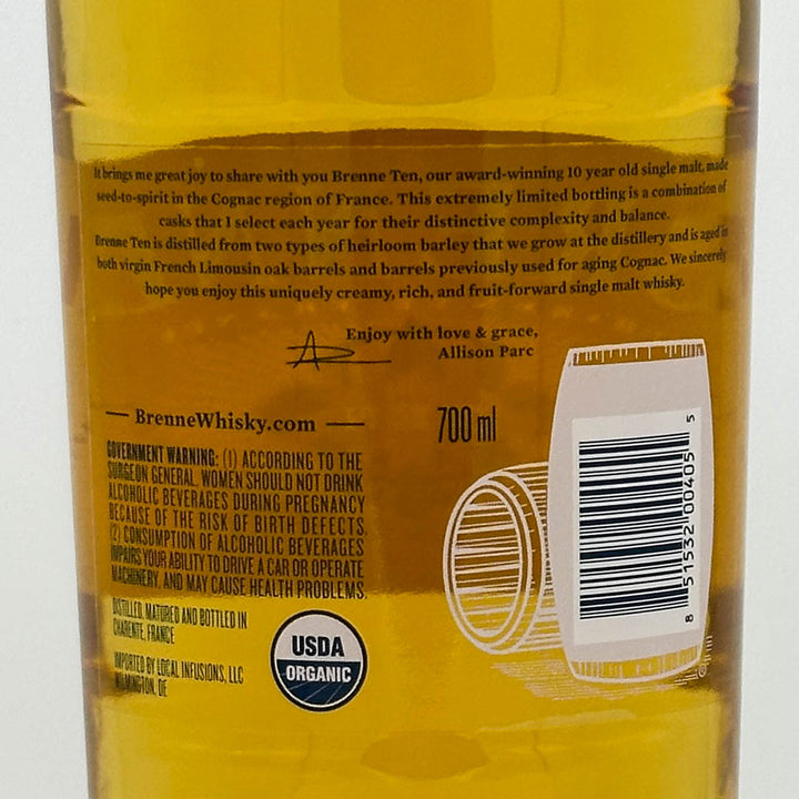 Back label of a Brenne Whisky bottle with text and branding.
