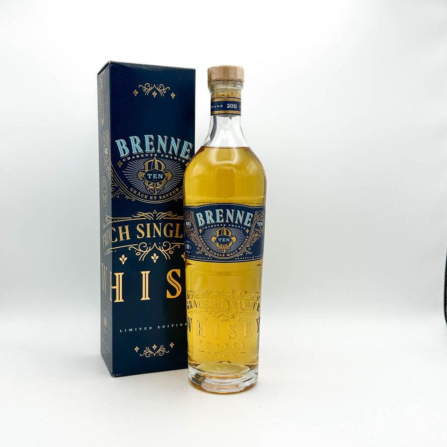 Brenne whiskey bottle and packaging on a white background