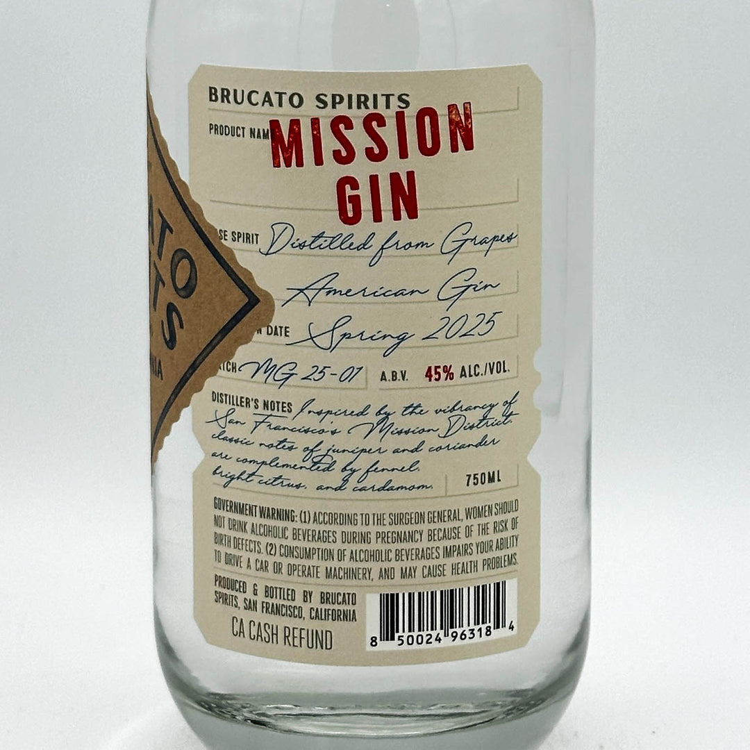 Brucato Spirits Mission Gin bottle with a detailed label on a white background
