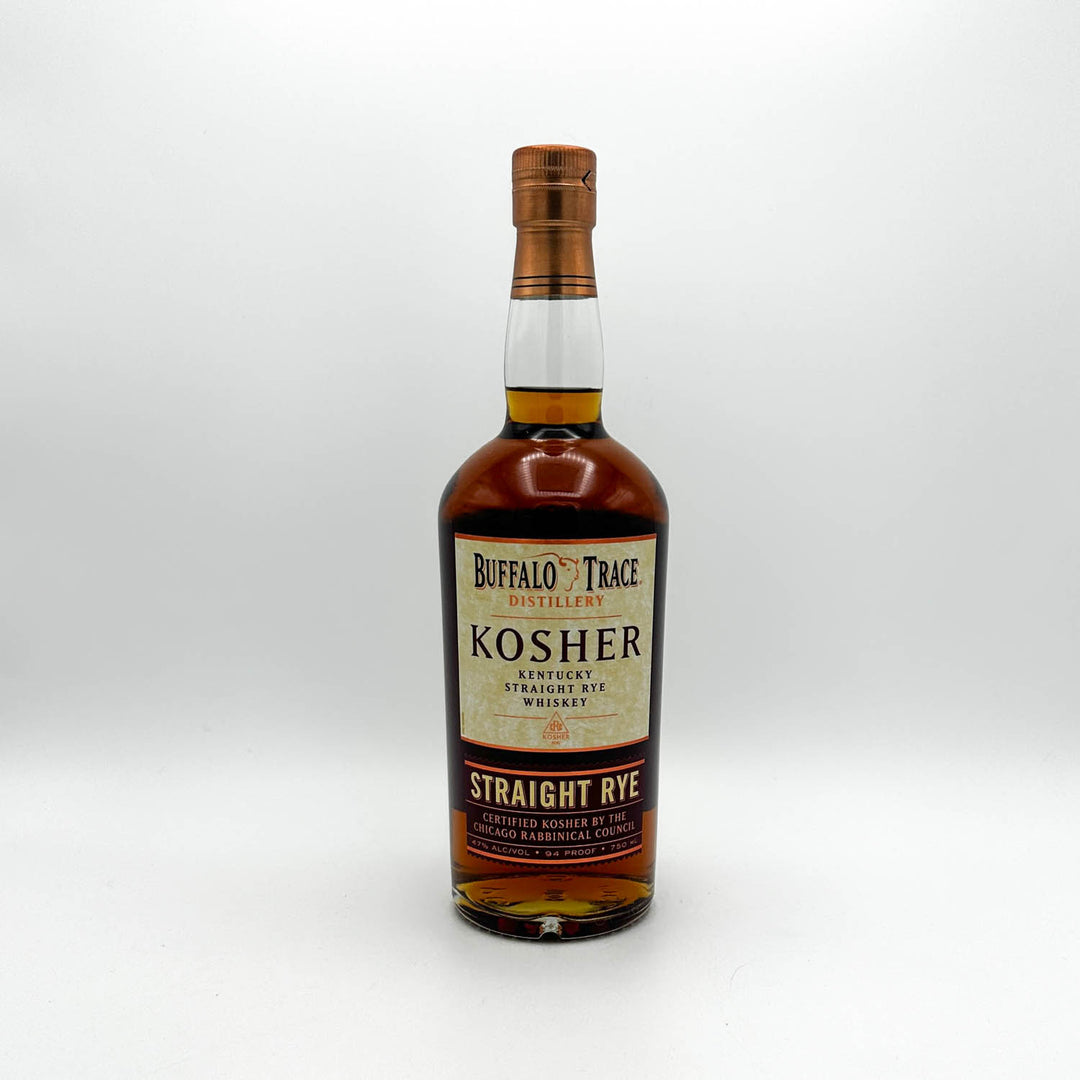 Bottle of Buffalo Trace Kosher Straight Rye whiskey on a white background