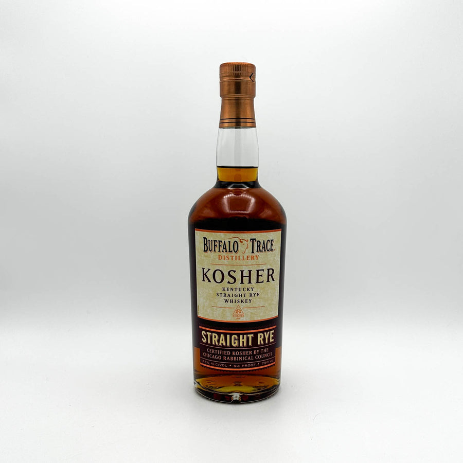 Bottle of Buffalo Trace Kosher Straight Rye whiskey on a white background