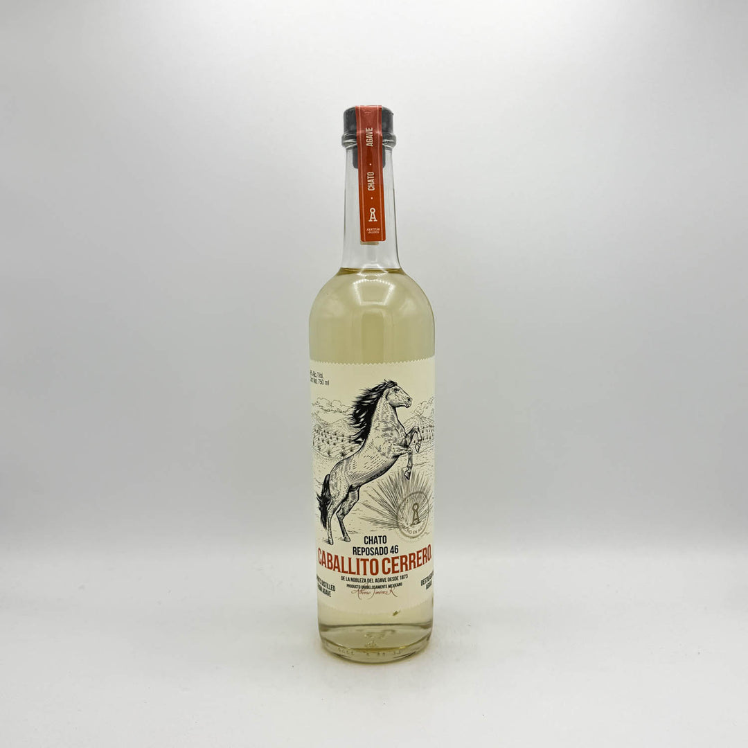 Bottle of white wine with a horse illustration on the label against a white background