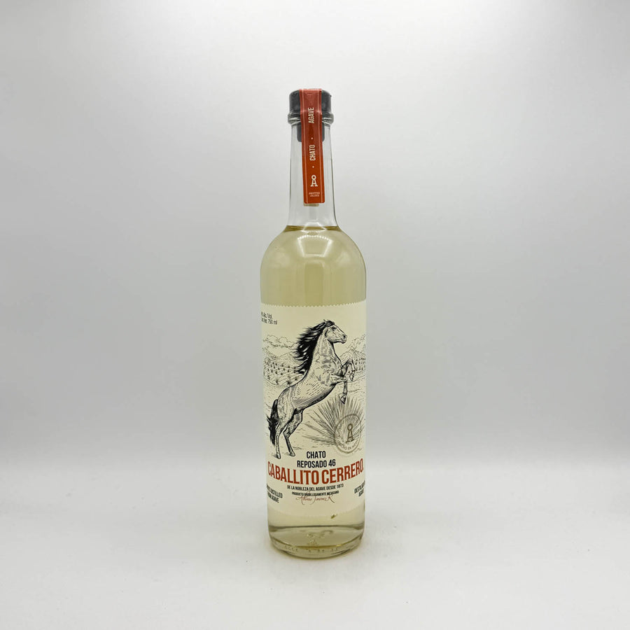 Bottle of white wine with a horse illustration on the label against a white background