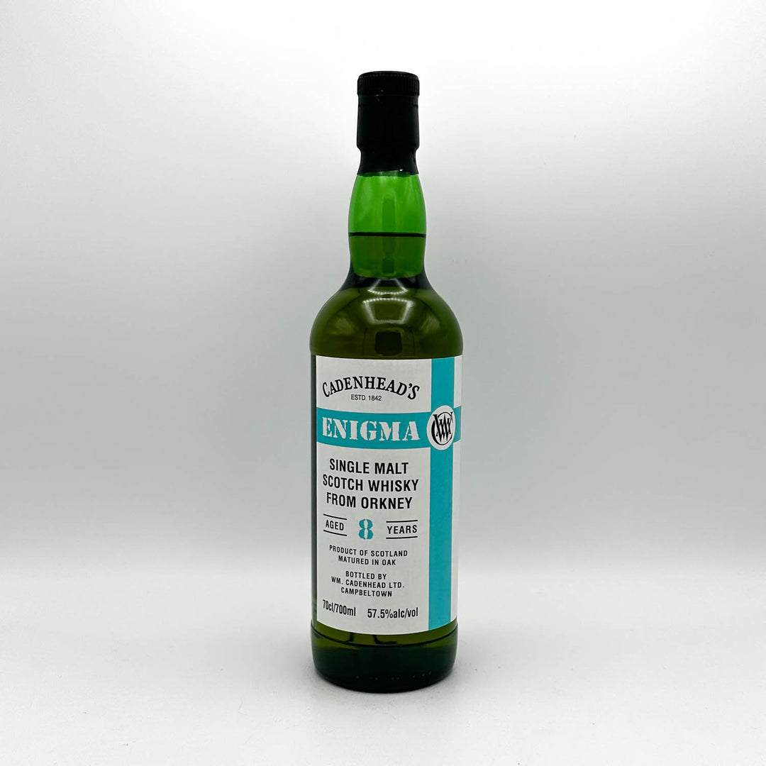 Cadenhead's Enigma single malt Scotch whisky bottle on a white background