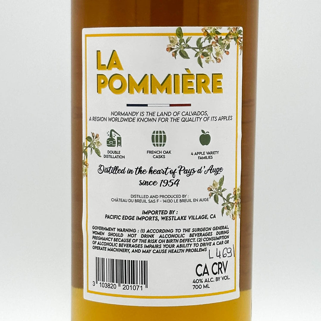 Bottle of La Pommière Calvados with a label on a white background