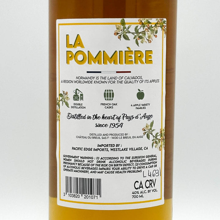 Bottle of La Pommière Calvados with a label on a white background