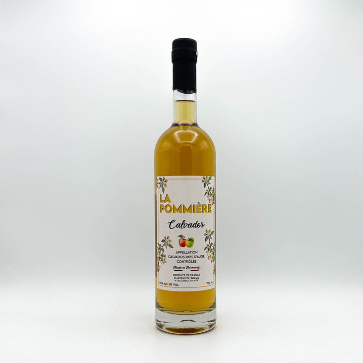 Bottle of La Pommière Calvados with a label on a white background