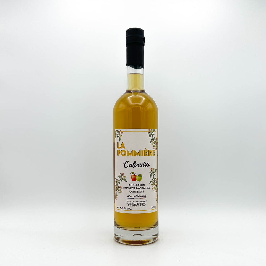 Bottle of La Pommière Calvados with a label on a white background