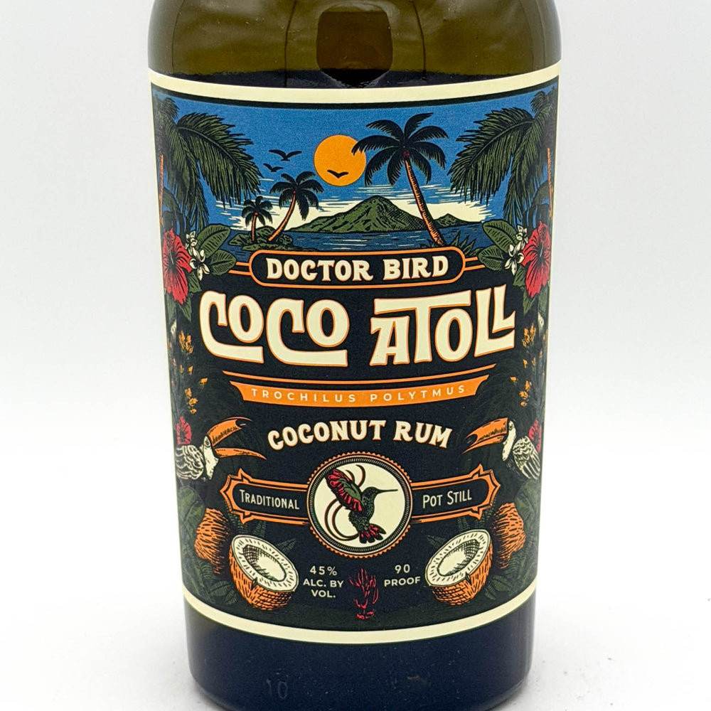Bottle of Doctor Bird Coco Atoll Coconut Rum with a colorful label on a white background