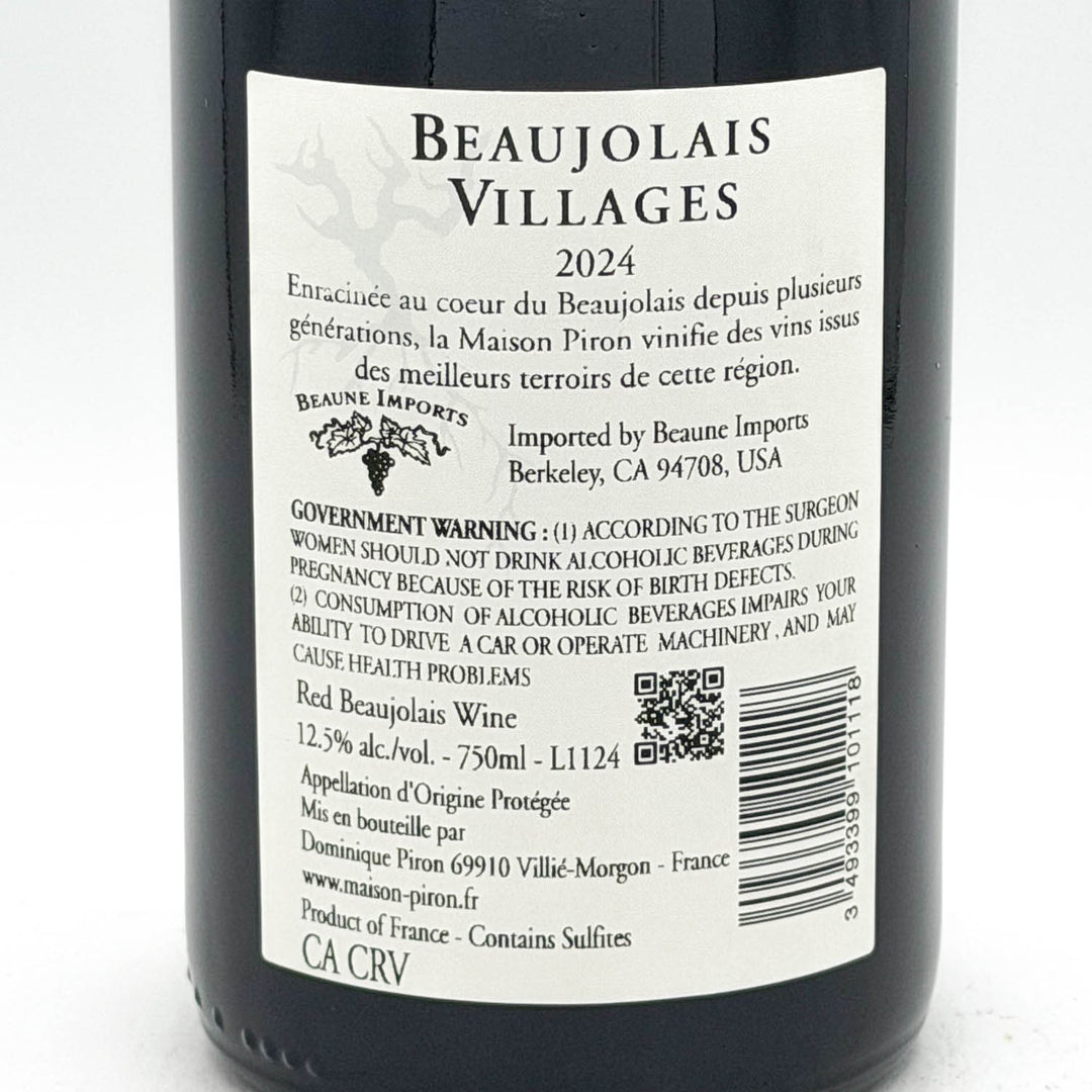 Back label of a Beaujolais Villages 2024 wine bottle on a white background