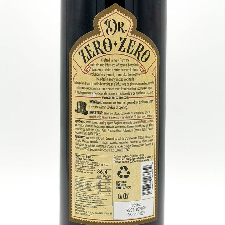 Bottle of Dr. Zero-Zero with a label on a white background