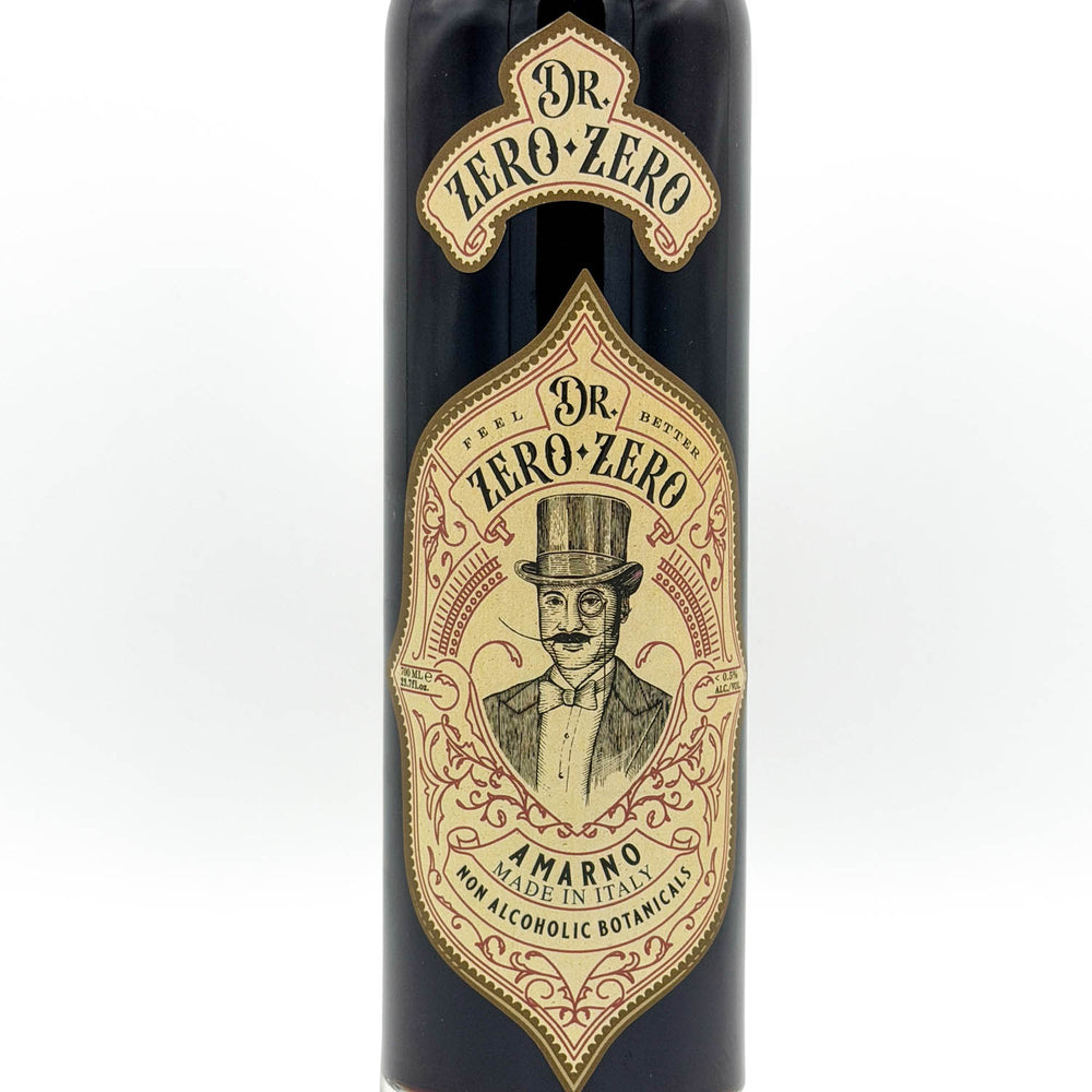 Bottle of Dr. Zero Zero Amaro with vintage-style label on a white background