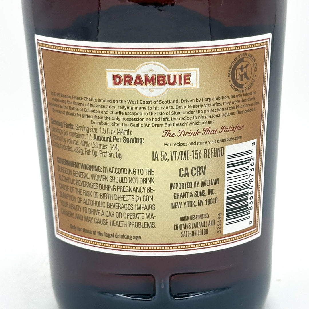 Back label of a Drambuie bottle with branding and product details.