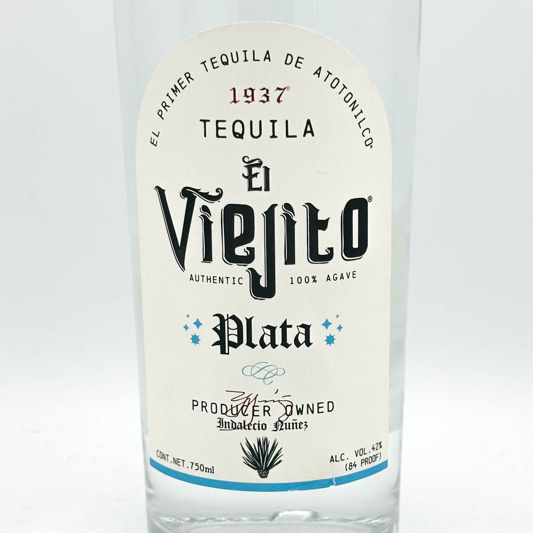 Tequila bottle labeled 'El Viejito Plata' on a white background