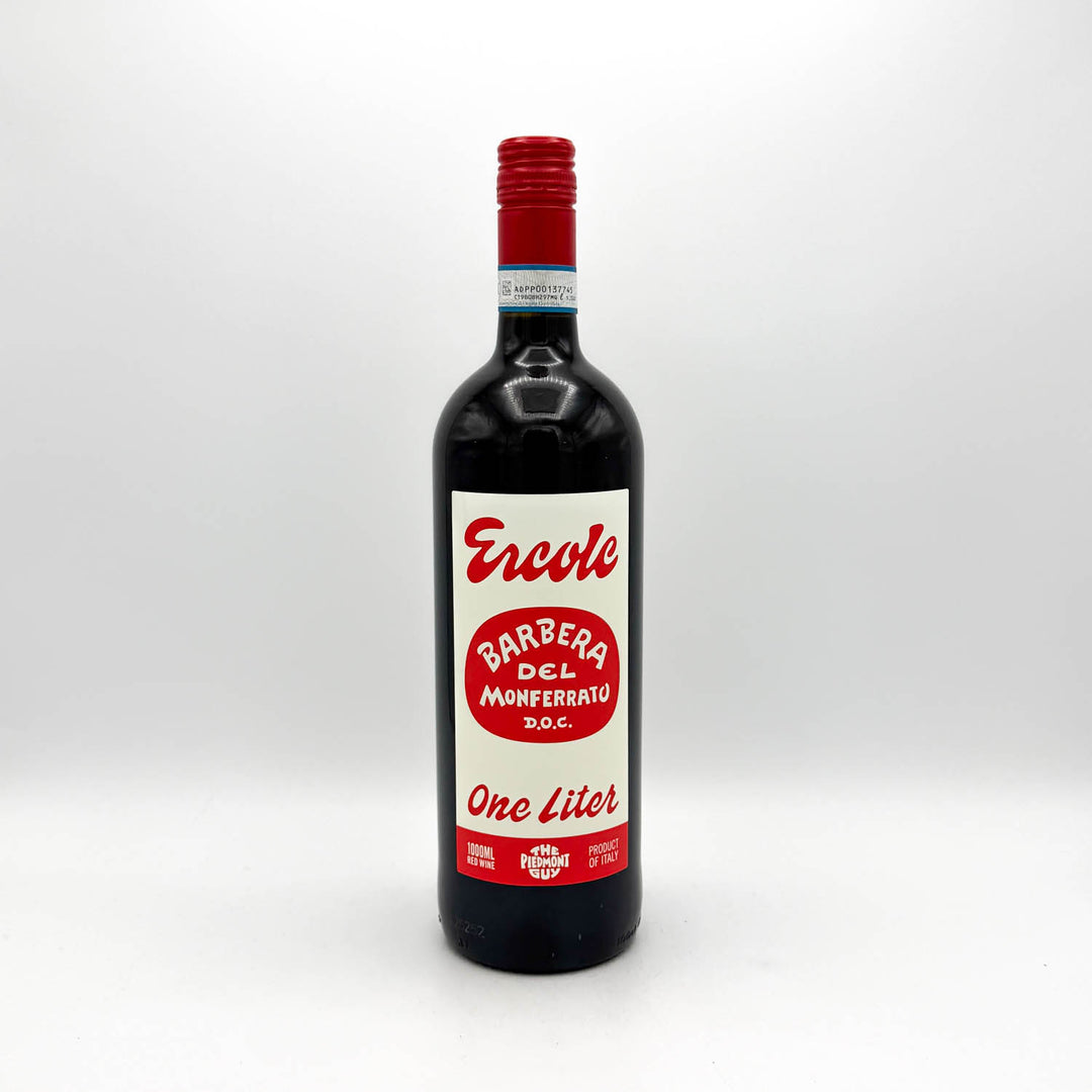 Wine bottle with red label on a white background
