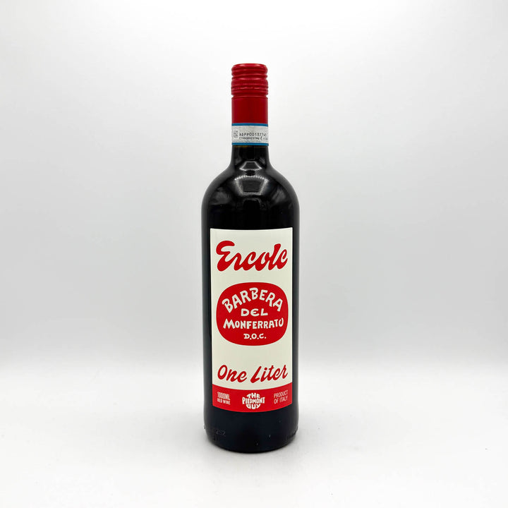 Wine bottle with red label on a white background