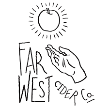 Far west cider co. Logo with a hand reaching to an apple with a halo around it.