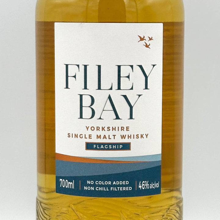 Filey Bay Yorkshire Single Malt Whisky bottle with label on a white background