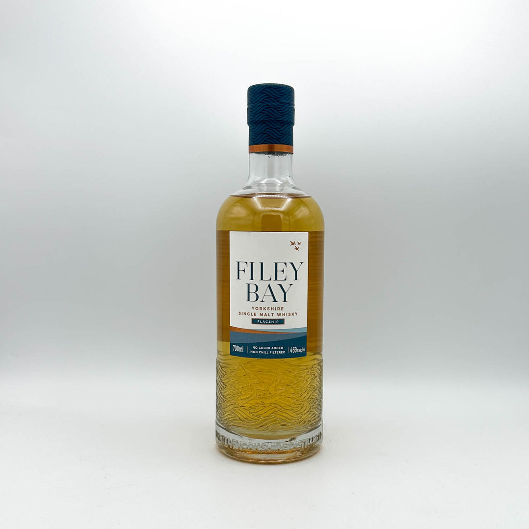 Filey Bay whisky bottle on a white background