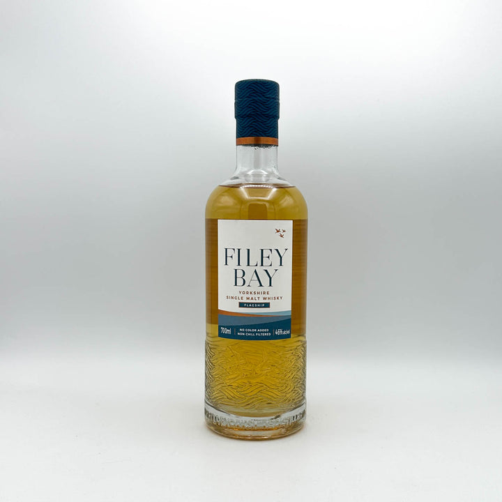 Filey Bay whisky bottle on a white background
