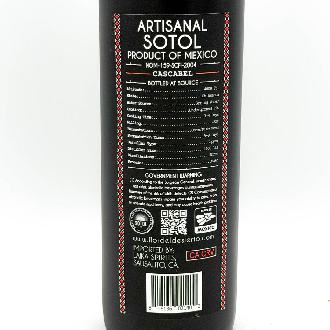 Back label of an Artisanal Sotol bottle with text and QR code on a white background