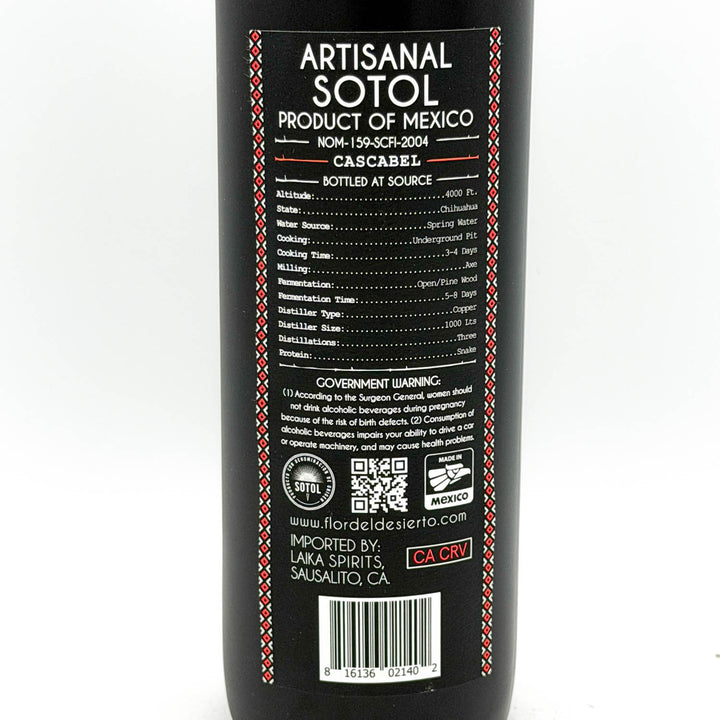 Back label of an Artisanal Sotol bottle with text and QR code on a white background
